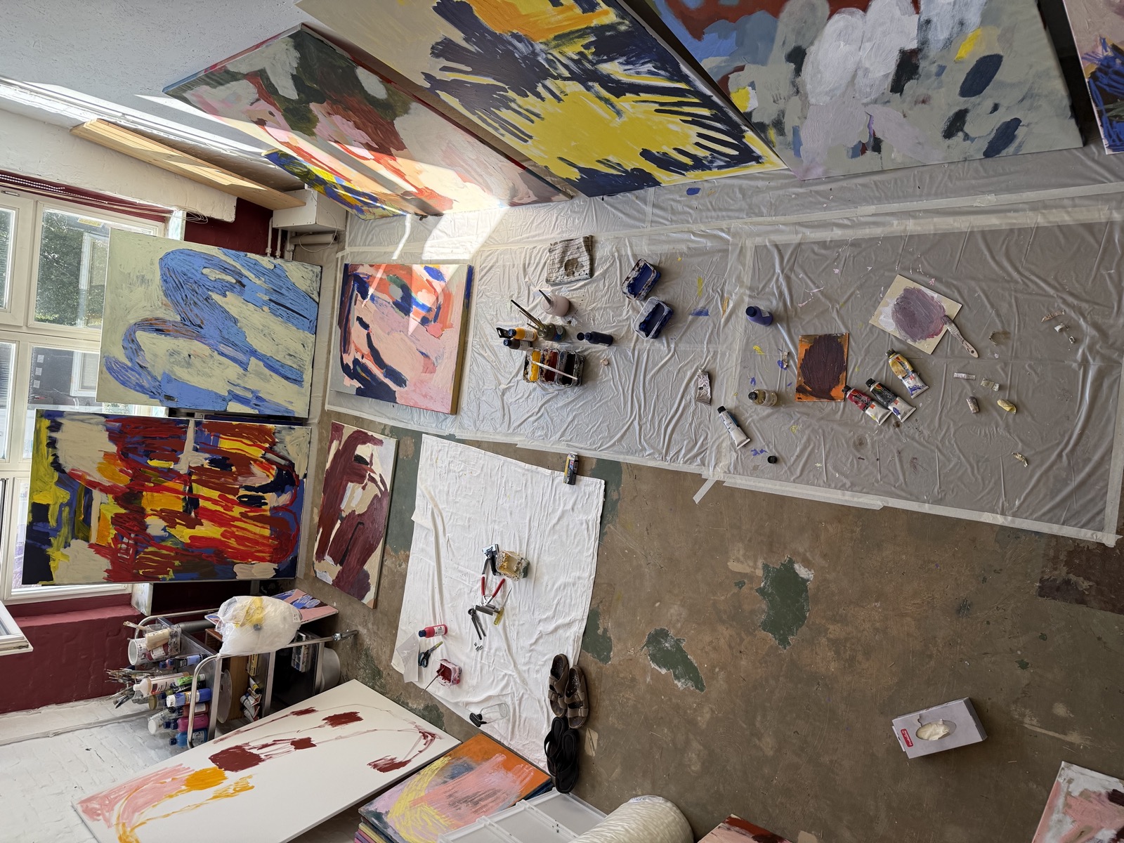 Charlie Ring's studio, paintings and materials in progress